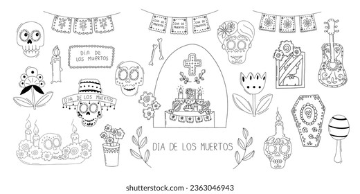 Dia de los Muertos Set of Simple Vector Illustrations in Doodle Style. . Latin American Holidays and Traditions. Day of the Dead Mexican Religious Holiday.