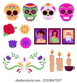 Dia de los Muertos. Conjunto com crânios de açúcar decorados com desenhos tradicionais. Flores, velas. Fotos emolduradas de parentes. Dia dos Mortos. Ilustração vetorial isolada sobre fundo branco.