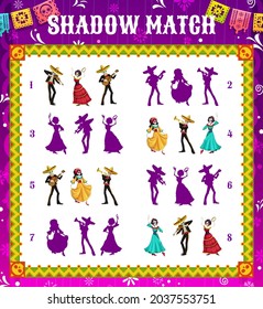 Dia de los Muertos shadow match game, vector kids puzzle with Mexican holiday dancing skeletons. Memory maze or riddle with task of find and connect cartoon calavera Catrina and mariachi skulls