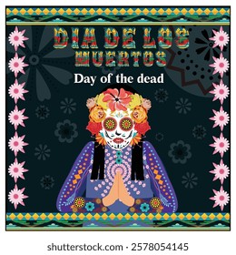 Dia de los Muertos, showcasing a traditional altar design with flowers, vibrant colors, and cultural elements to honor ancestors and celebrate life. Flat vector modern illustration 