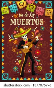 Dia de los Muertos skeleton skull playing guitar in mexican holiday mariachi sombrero and suit. Day of the Dead religion festival vector design with Halloween zombie musician and festive flags