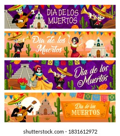 Dia de los Muertos skeleton vector banners of Mexican Day of the Dead holiday. Catrina Calavera and mariachi skulls with sombrero hats, guitars and trumpets, papel picado flags, cactuses and marigolds