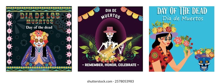 Dia de los Muertos. Skeleton playing a guitar, surrounded by bright flowers and festive decorations. Decorated skull symbolizing the vibrant culture of the Day of the Dead celebration.  