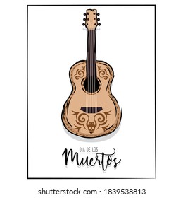 Dia de los muertos sketch poster with a guitar - Vector