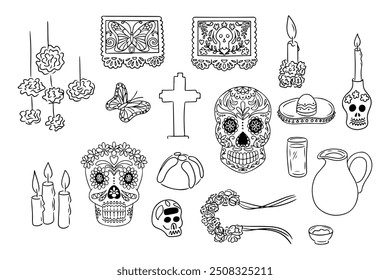 Dia de los Muertos esboço conjunto de desenho contorno. Desenhos em contorno preto vetorial para o altar-mor isolado sobre fundo branco. Ideal para decoração, adesivos, tatuagem, padrão