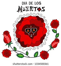 Dia de los Muertos skull in roses vector illustration. Day of he dead. Mexican holiday