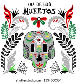 Dia de los Muertos skull with floral ornament vector illustration. Day of he dead. Mexican holiday