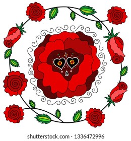 Dia de los Muertos skull rose with roses wreath. Day of the dead. Mexican holiday
