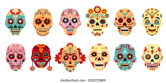 Dia de Los Muertos skull. Mexican day of the dead decorative man and woman sugar skulls with flower. Mexico holiday skeleton face vector set. Illustration death skull, tattoo mexican decoration