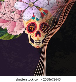 dia de los muertos! skull surrounded by watercolor flowers for the day of all the dead and alive. Makeup for the dead. Vectron illustrations for banners, posters, wallpapers, holiday cards