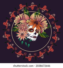 dia de los muertos! skull surrounded by watercolor flowers for the day of all the dead and alive. Makeup for the dead. Vectron illustrations for banners, posters, wallpapers, holiday cards