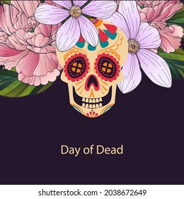 dia de los muertos! skull surrounded by watercolor flowers for the day of all the dead and alive. Makeup for the dead. Vectron illustrations for banners, posters, wallpapers, holiday cards