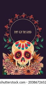 dia de los muertos! skull surrounded by watercolor flowers for the day of all the dead and alive. Makeup for the dead. Vectron illustrations for banners, posters, wallpapers, holiday cards