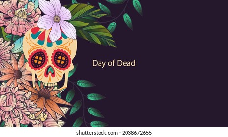 dia de los muertos! skull surrounded by watercolor flowers for the day of all the dead and alive. Makeup for the dead. Vectron illustrations for banners, posters, wallpapers, holiday cards