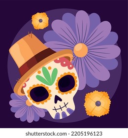 dia de los muertos skull with hat