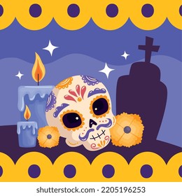 dia de los muertos skull with gravestone