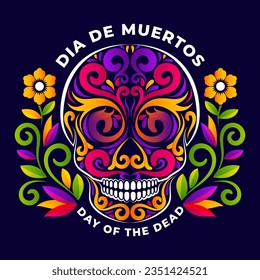 Dia de los Muertos skull round badge, or sticker with floral mexican decorative illustration