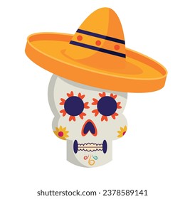 dia de los muertos skull with mariachi hat vector isolated