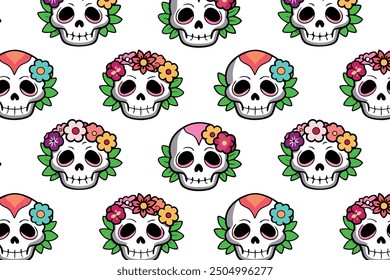 Dia de los Muertos skull pattern with flowers and leaves, vibrant, seamless, fabric prints, wallpapers, themed event decor. Playful and colorful style with bright accents