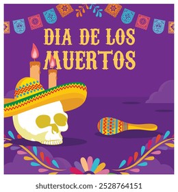 Dia de los Muertos with skull and sombrero. Lighted candles and maracas with flag decorations. Day of the Dead concept. Flat vector illustration.