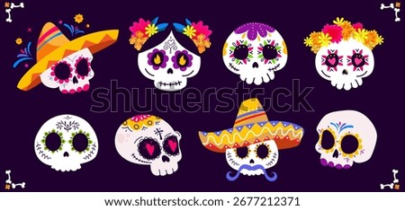 Dia de los Muertos skull collection. Sugar skull set with flowers, sombreros, decorative designs inspired by Mexican traditions, for posters, invitations, party , greeting cards, stickers.Vector