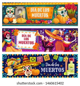 Dia De Los Muertos Skulls And Skeletons Vector Design Of Mexican Day Of Dead Holiday. Catrina, Mariachi And Flamenco Dancers, Sombrero, Maracas And Sugar Calavera, Marigold Flowers, Altar And Bunting