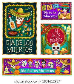 Dia de los Muertos skulls and Catrina with sombreros and marigold flowers vector design. Mexican Day of the Dead sugar skulls, maracas and tequila, skeleton bones, flags, sweet bread and cactuses