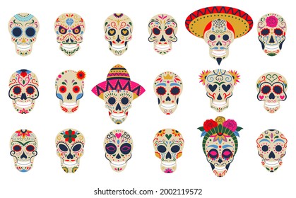 Calavera de los muertos. Día de los muertos calaveras del festival, azúcar floral huesos humanos de cabeza de los símbolos vectores set. Decoración de las fiestas de muerte mexicanas. Skeleton festividad mexicana, cultura dia de los muertos