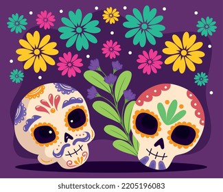 dia de los muertos skulls with floral pattern