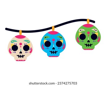 dia de los muertos skulls garland isolated illustration