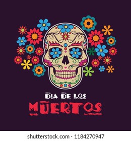 Dia de los Muertos with smiling skull surrounded by colorful flowers, Holiday Greeting Card, Banner, Dark Background