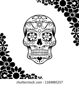 Dia de los Muertos with smiling skull, Black  version, banner, poster, white background