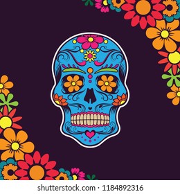 Dia de los Muertos with smiling skull surrounded by colorful flowers, Holiday Greeting Card, Banner, Dark Background