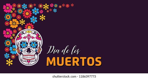 Dia de los Muertos with smiling skull, Banner with colorful flowers, Holiday Greeting Card, Dark Background