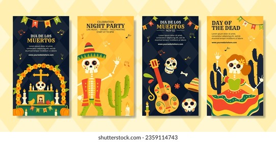 Dia de Los Muertos Social Media Stories Illustration Flat Cartoon Hand Drawn Templates Background