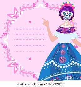 Dia de Los Muertos - square greeting card with place for text and Catrina. Cute layout of blank with lines for Day of the Dead. Also suitable like paper for writing letters to your dear souls