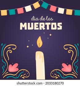 Dia de los muertos. Square card with altar candle. Banner decorated by design elements, colorful floral ornament and flag garland. Mexican national holiday Day of the dead. Vector illustration.