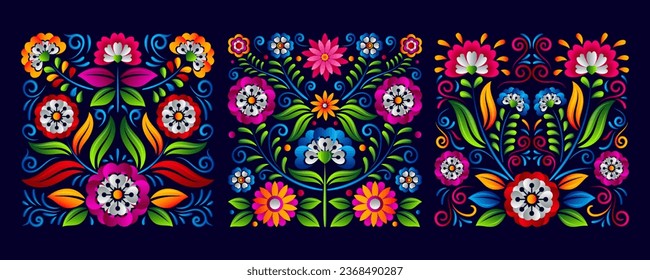 Dia de Los muertos square badge. Day of the dead mexican flowers vector background set