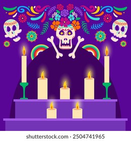 Fondo del post cuadrado del Día de los muertos para las redes sociales. altares privados en honor a los fallecidos. Festival mexicano de tradición de Halloween. Día de calavera de azúcar muerta y velas. Ilustración plana de Vector