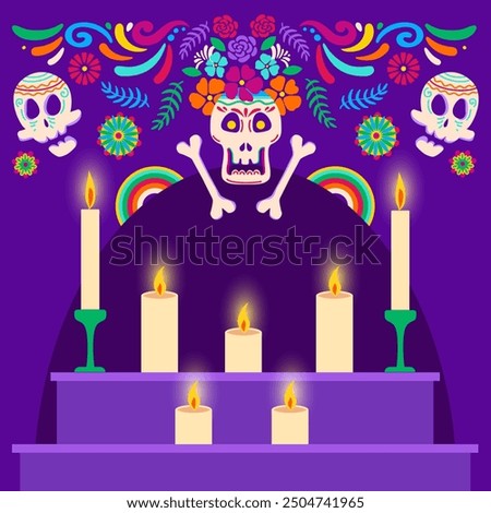 Dia de los muertos square post background for Social media. private altars in honor of the deceased. Mexican Halloween tradition festival. Day of dead sugar skull and candles. Vector flat illustration