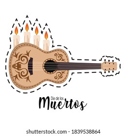 Dia de los muertos sticker with a guitar and candles - Vector