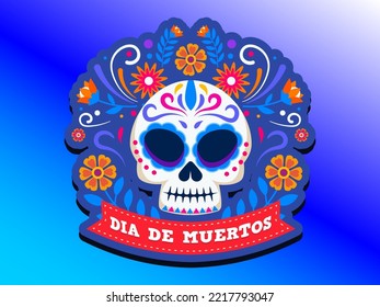 Etiqueta del Día de Los Muertos, tarjeta de saludo de Halloween, cartel, invitación. Calaveras de tatuaje de azúcar, flores de caléndula, decoración tradicional de esqueleto mexico de Catrina Calavera. Vector eps 10.