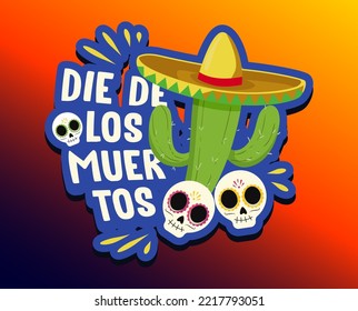 Dia de Los Muertos sticker, Halloween greeting card, banner, invitation. Sugar tatoo skulls, marigold flowers, Catrina Calavera traditional mexico skeleton decoration. Vector eps 10.