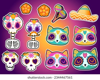 Dia de los muertos sticker pack skull and cat for party 