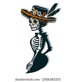 Dia de los Muertos sticker with hand drawn la Calavera Catrina with ornate face paint. Female skeleton in a hat with feathers on white background for Mexican Day of the Dead