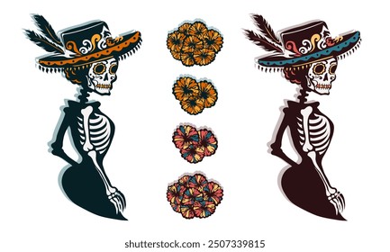 Dia de los Muertos stickers with hand drawn la Calavera Catrina with ornate face paint. Female skeleton in a hat with feathers and marigold flowers on white background for Mexican Day of the Dead