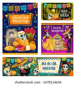 Dia de los Muertos sugar skulls on altar and dancing skeletons vector banners. Mexican Day of the Dead mariachi and Catrina with sombrero, maracas and marigold flowers, cactus, candles and bunting