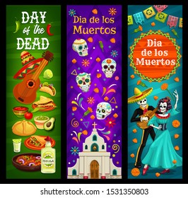 Dia de los Muertos sugar skulls and skeletons vector design of Day of the Dead. Mexican religious holiday church, marigold flowers and sweet bread, musical festival guitar, sombrero hat and tequila