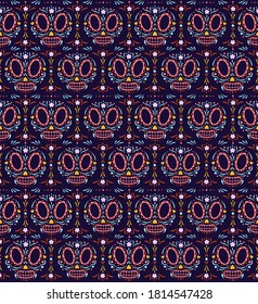 Dia de los muertos sugar skulls pattern colorful cartoon style for Day of the dead, Halloween, holiday party, traditional mexican wallpaper. Vector 10 eps