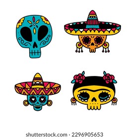 Dia de los muertos sugar skull set. Male skull wearing sombrero, female with roses. Day of the dead Mexico colorfil doodle icons illustration. Vector eps10